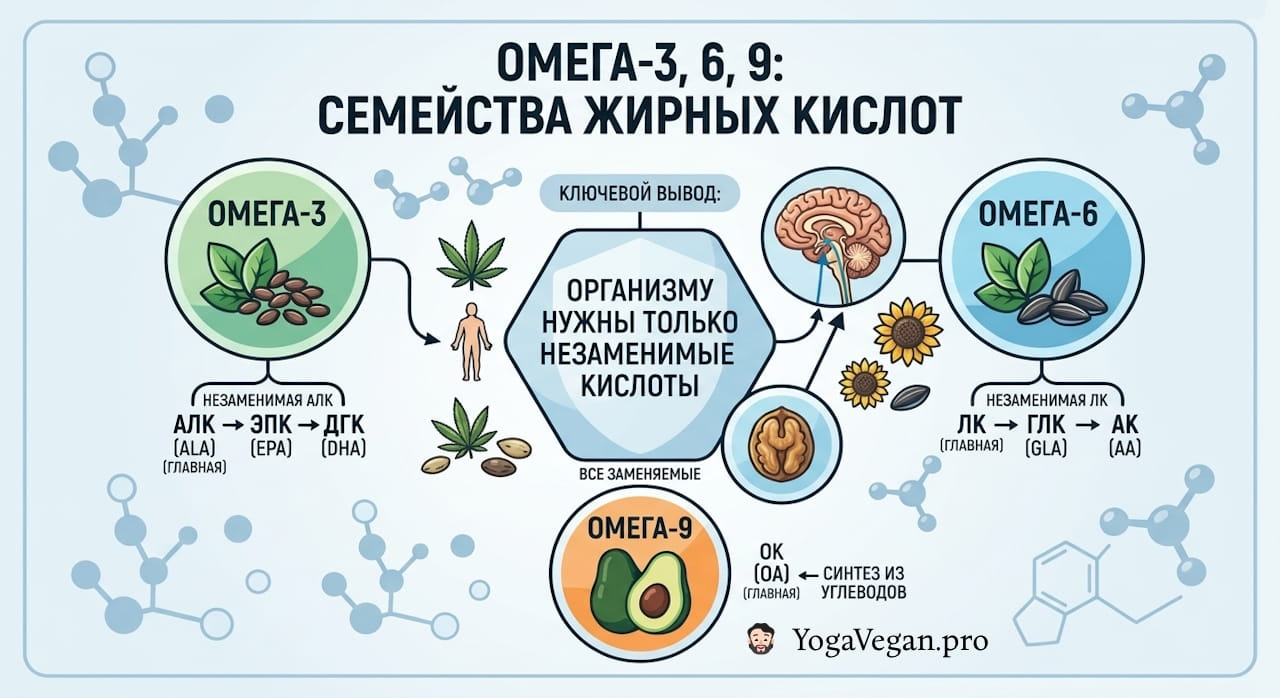 🌿 Омега-3, 🥬 Омега-6, 🥑 Омега-9 — зачем их придумали? Важны лишь альфа-линоленовая и линолевая жирные кислоты.